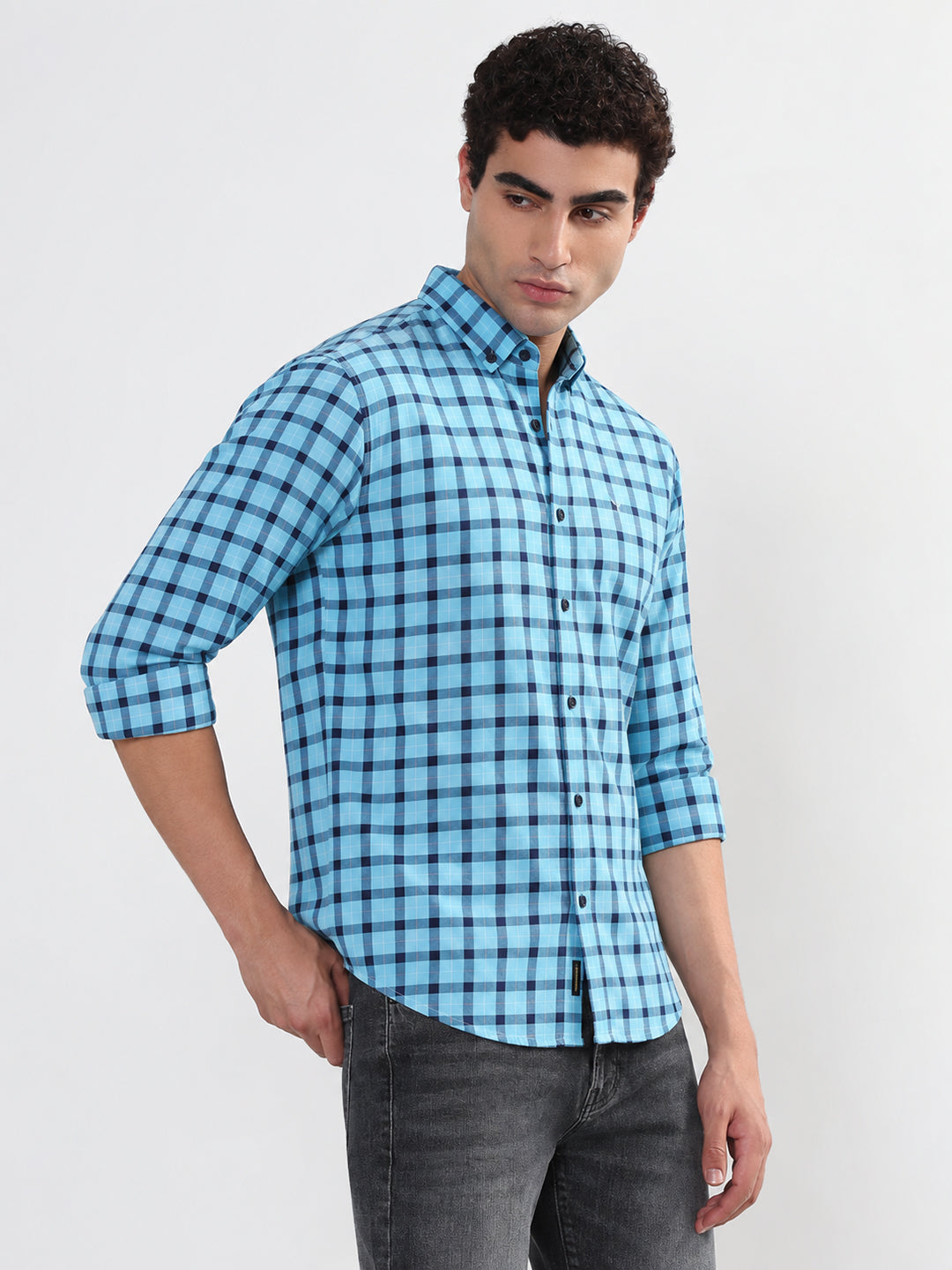 Men’s Gingham Checked Blue Slim Fit Spread Collar Long Sleeves Casual Shirt