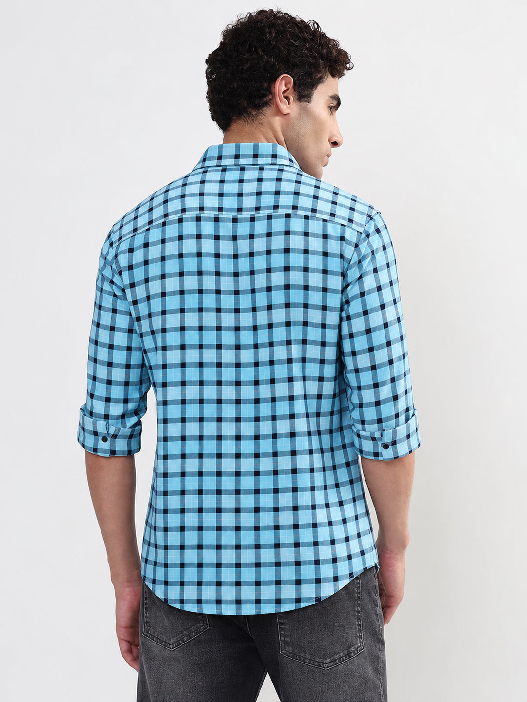 Men’s Gingham Checked Blue Slim Fit Spread Collar Long Sleeves Casual Shirt