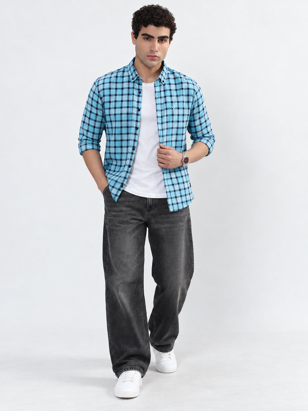 Men’s Gingham Checked Blue Slim Fit Spread Collar Long Sleeves Casual Shirt