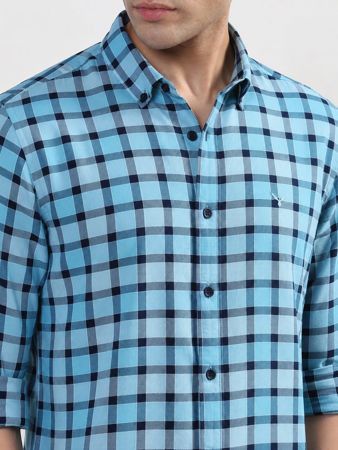 Men’s Gingham Checked Blue Slim Fit Spread Collar Long Sleeves Casual Shirt