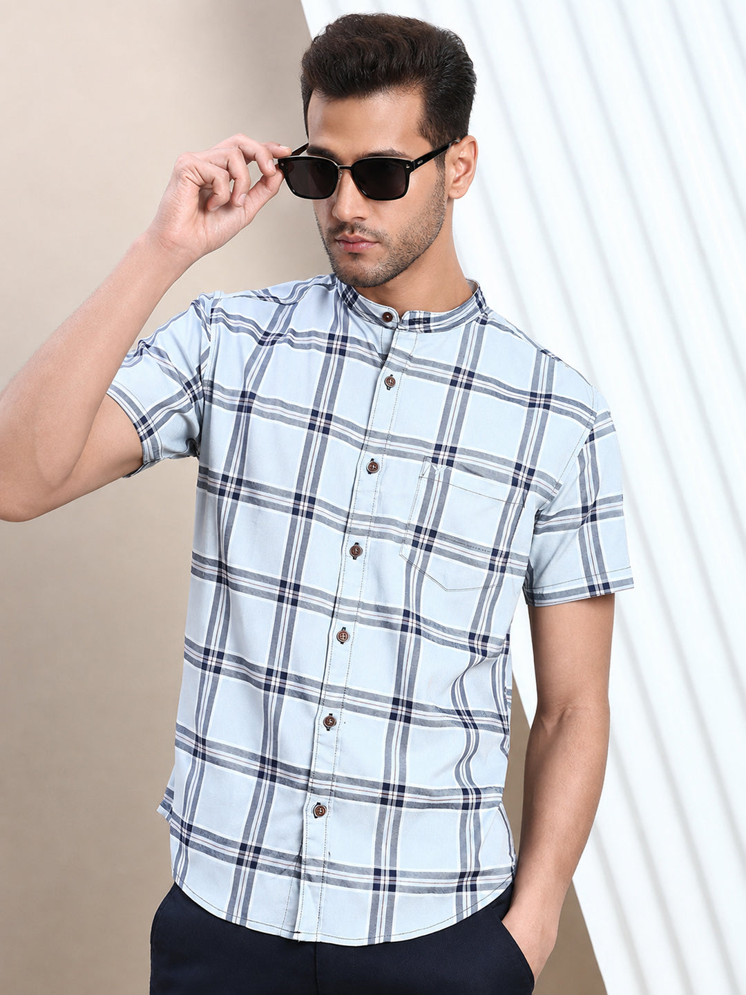 Men's Grey Tartan Check Mandarin Collar Half Sleeves Casual Shirt