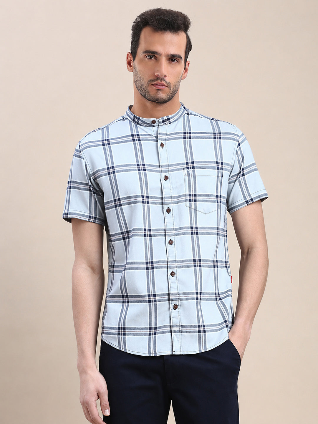 Men's Grey Tartan Check Mandarin Collar Half Sleeves Casual Shirt