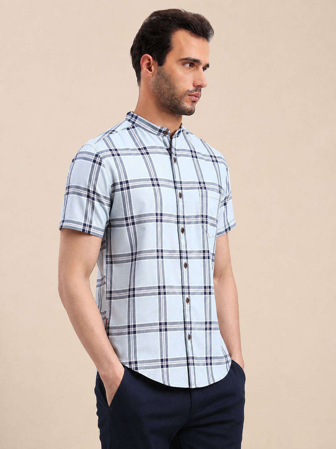 Men's Grey Tartan Check Mandarin Collar Half Sleeves Casual Shirt