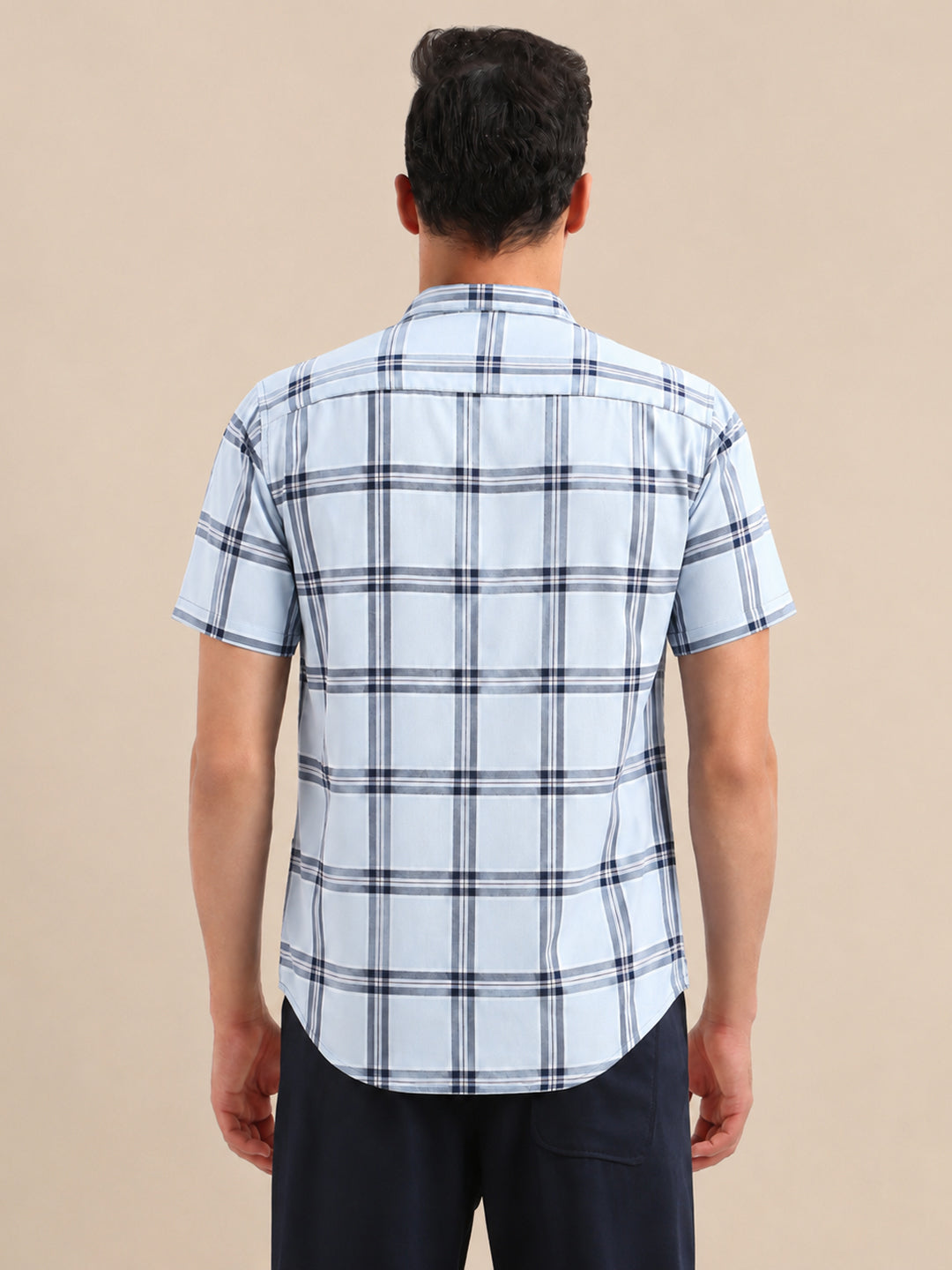 Men's Grey Tartan Check Mandarin Collar Half Sleeves Casual Shirt