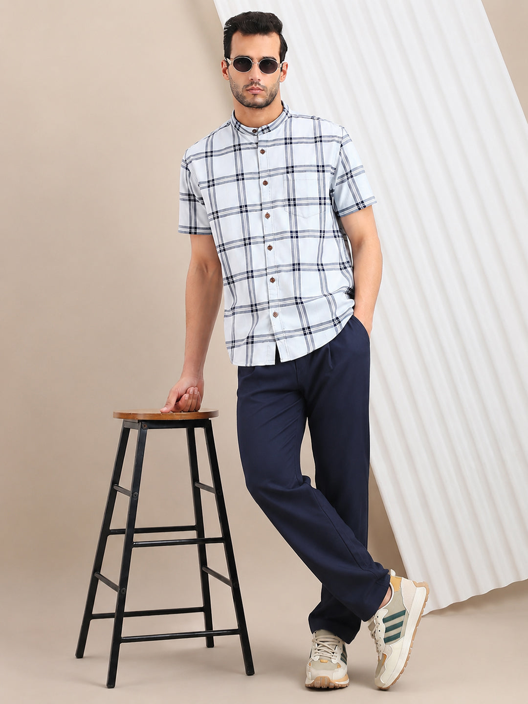 Men's Grey Tartan Check Mandarin Collar Half Sleeves Casual Shirt