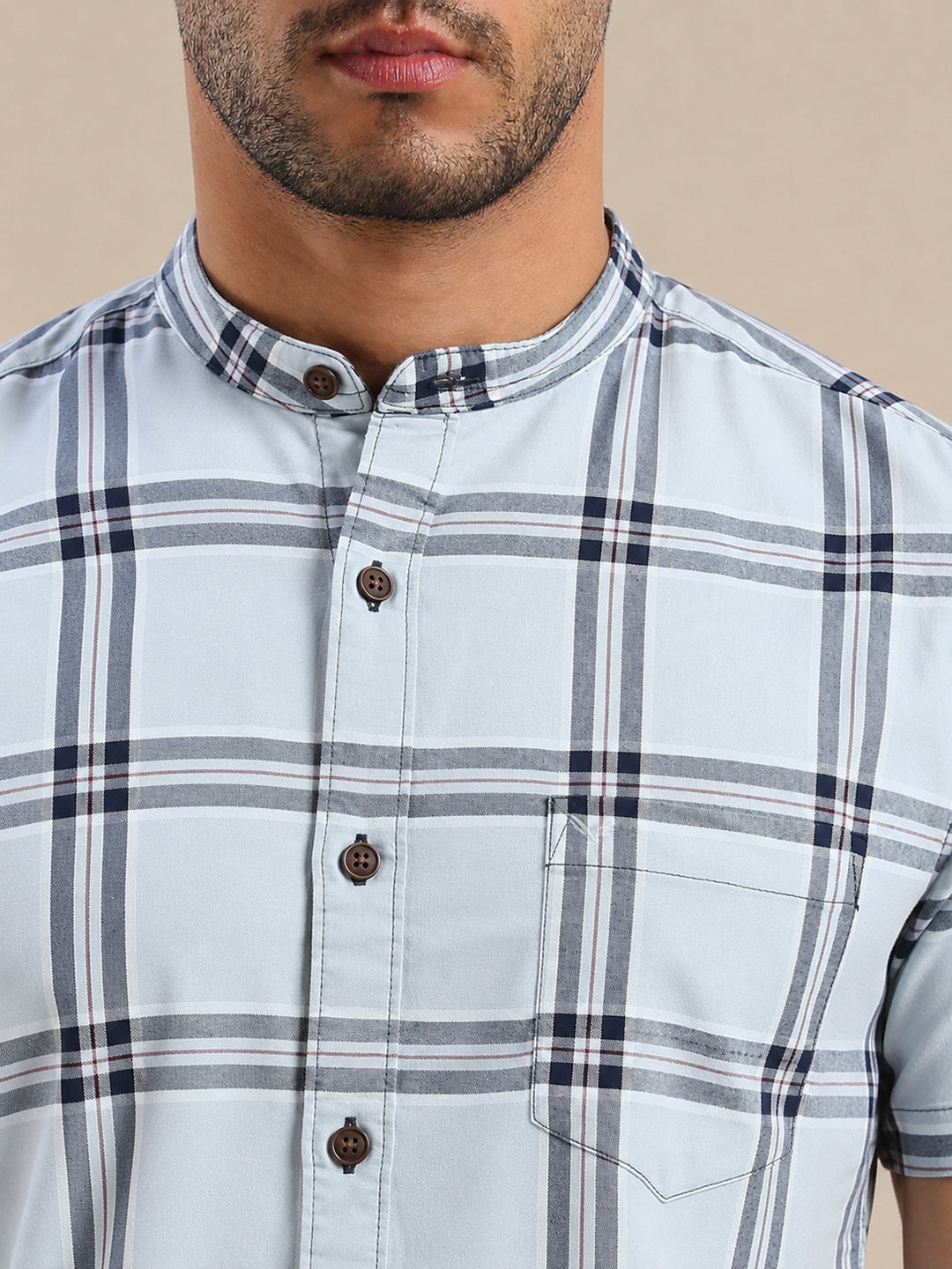 Men's Grey Tartan Check Mandarin Collar Half Sleeves Casual Shirt