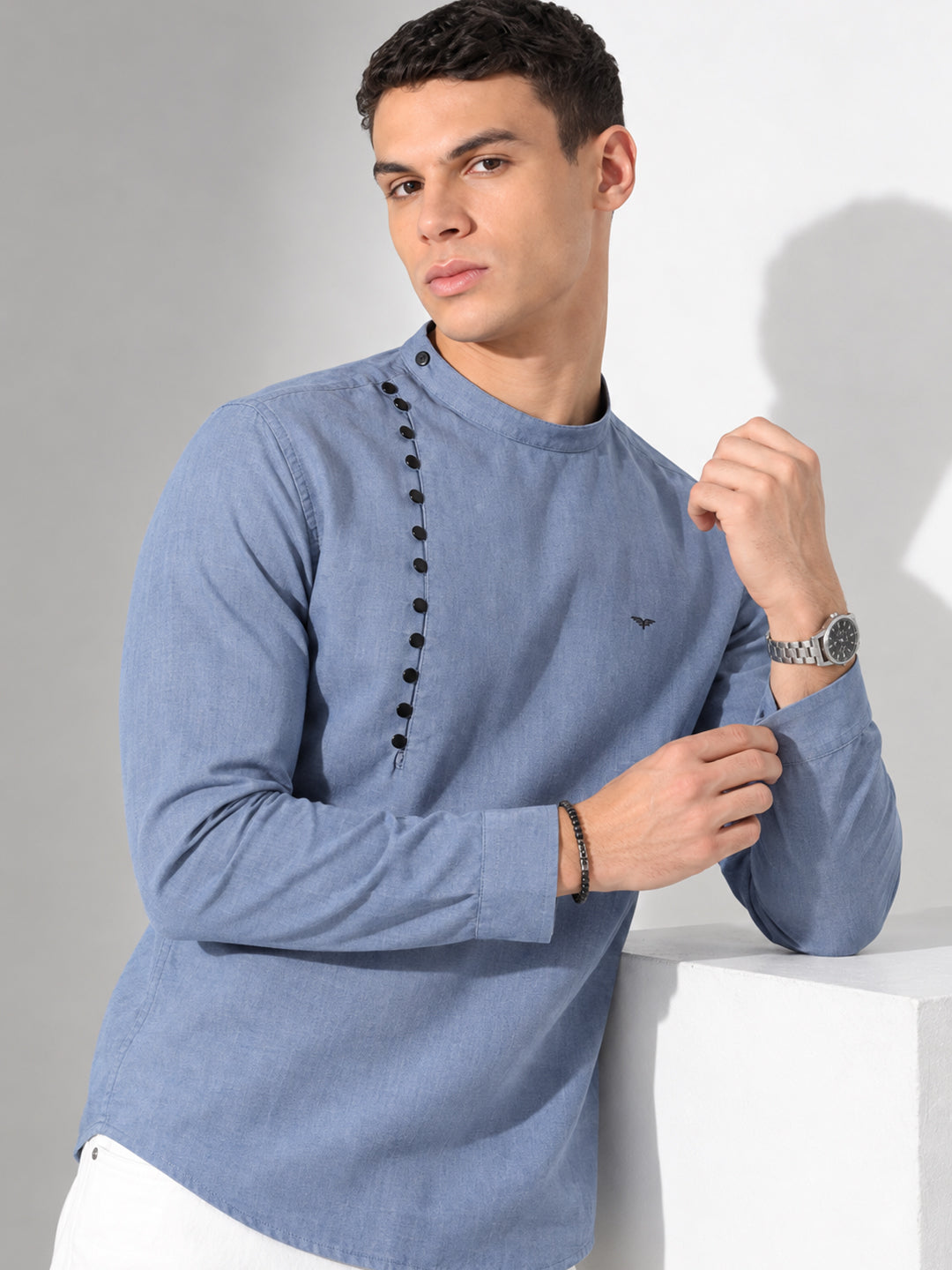 Men’s Blue Slim Fit Mandarin Collar Asymmetric Button Shirt
