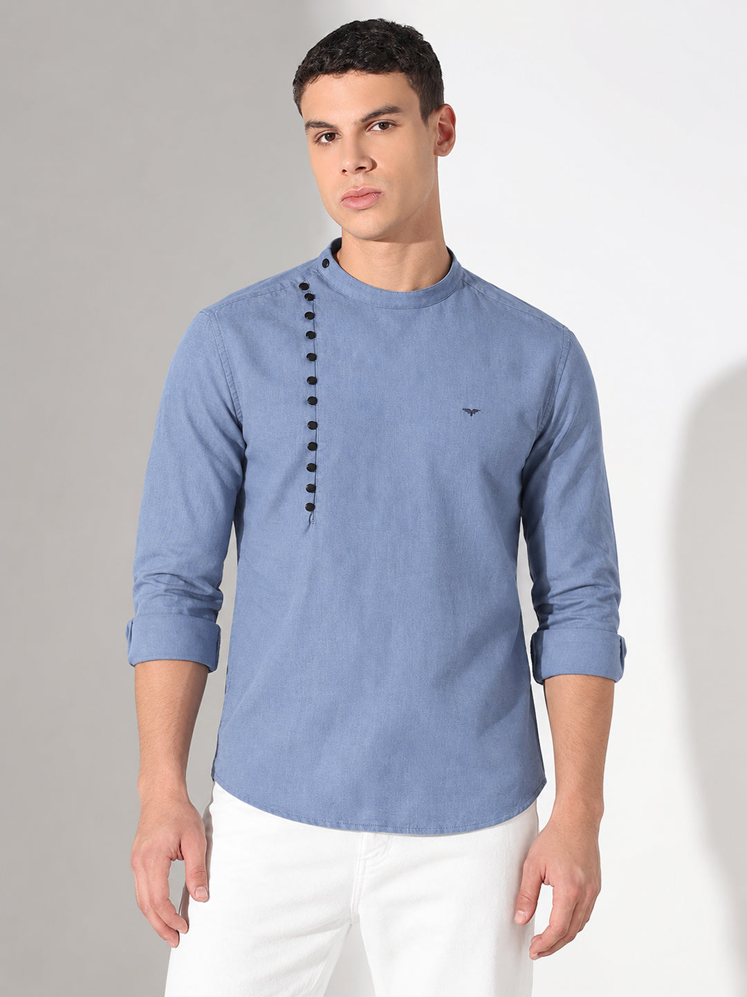 Men’s Blue Slim Fit Mandarin Collar Asymmetric Button Shirt