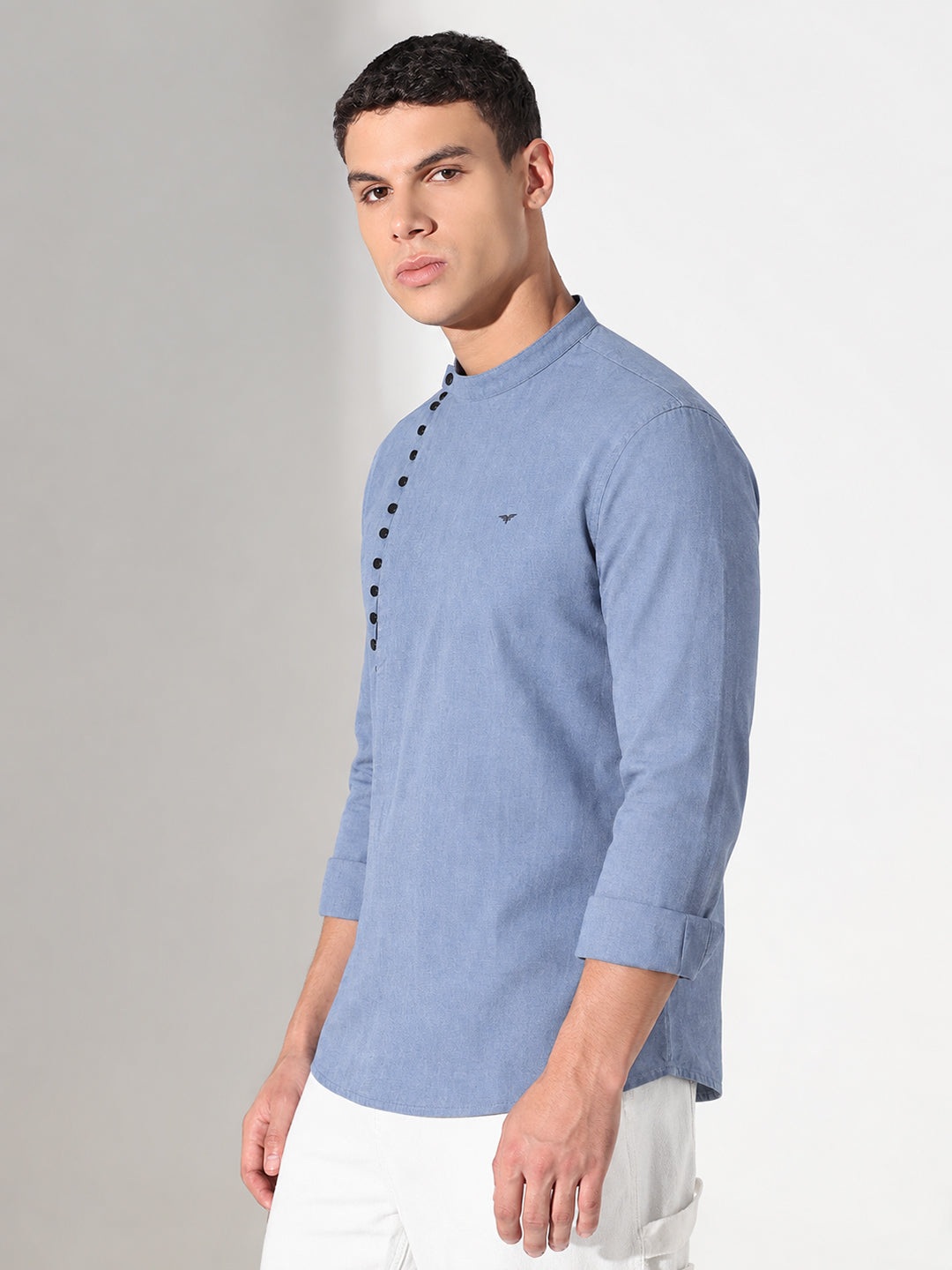 Men’s Blue Slim Fit Mandarin Collar Asymmetric Button Shirt