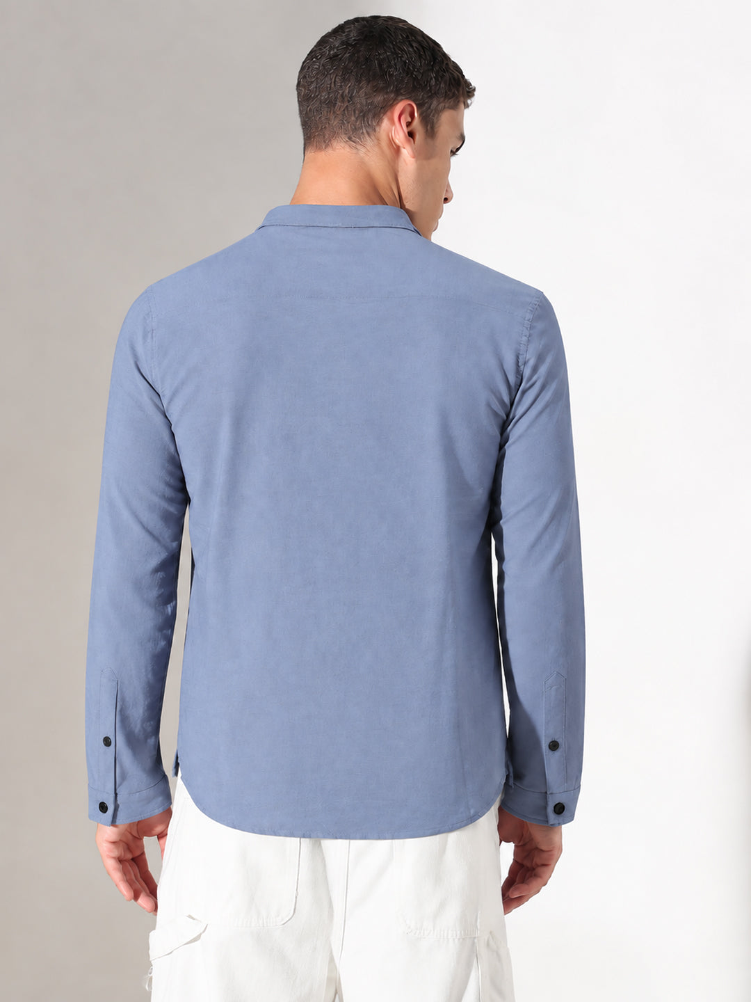 Men’s Blue Slim Fit Mandarin Collar Asymmetric Button Shirt