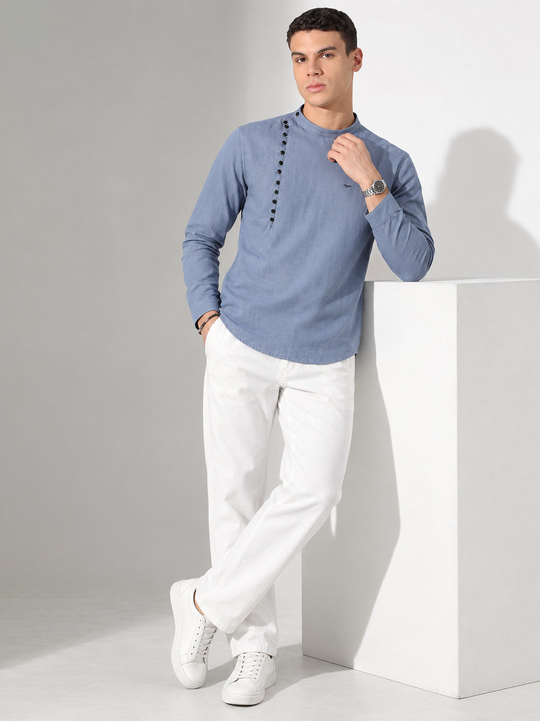 Men’s Blue Slim Fit Mandarin Collar Asymmetric Button Shirt