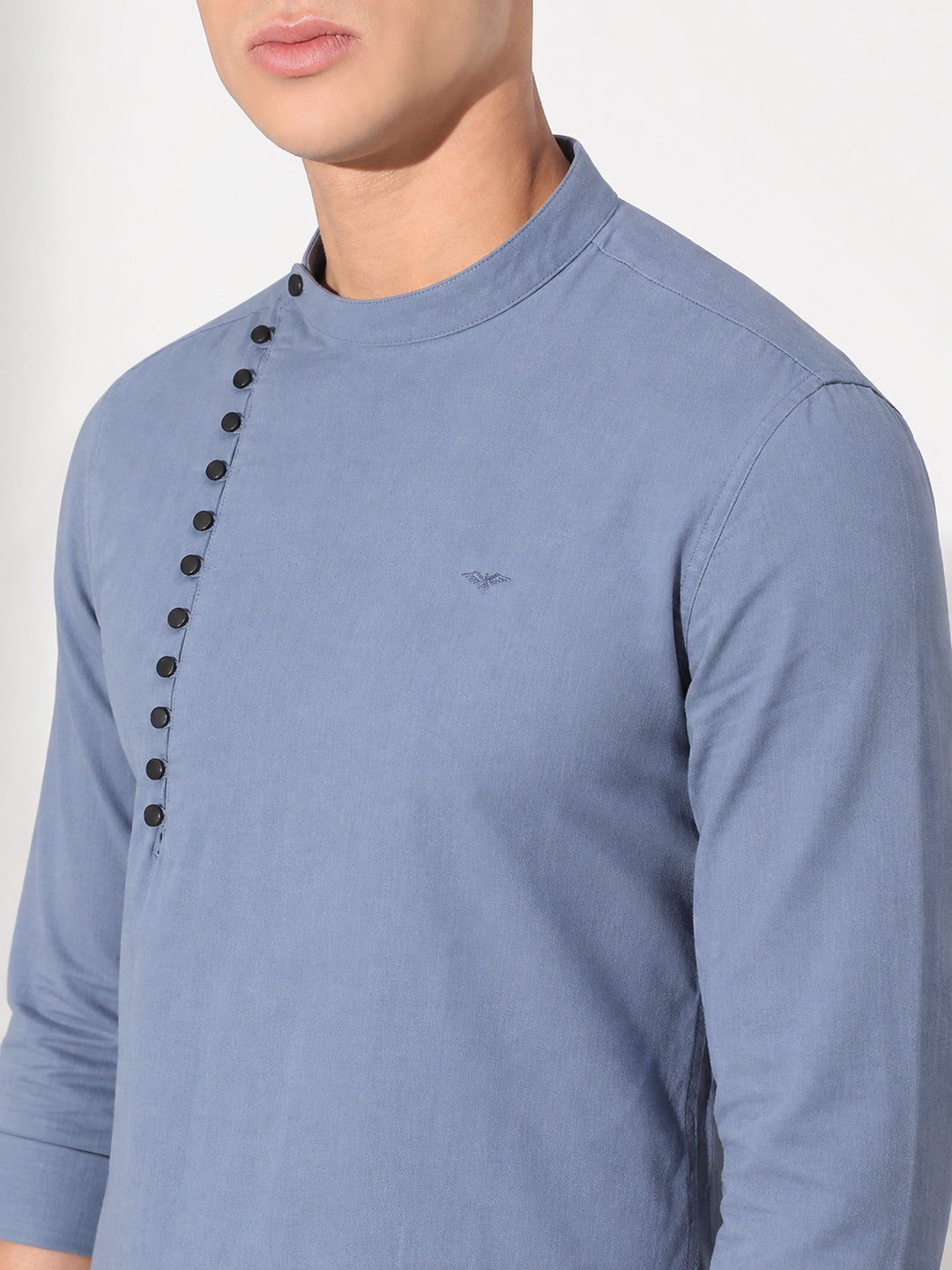 Men’s Blue Slim Fit Mandarin Collar Asymmetric Button Shirt