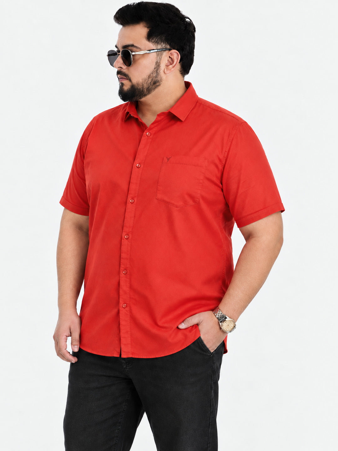 Men’s Red Regular Fit Short Sleeves Shirt with Chest Pocket