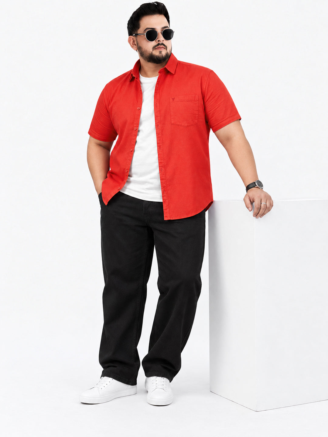 Men’s Red Regular Fit Short Sleeves Shirt with Chest Pocket