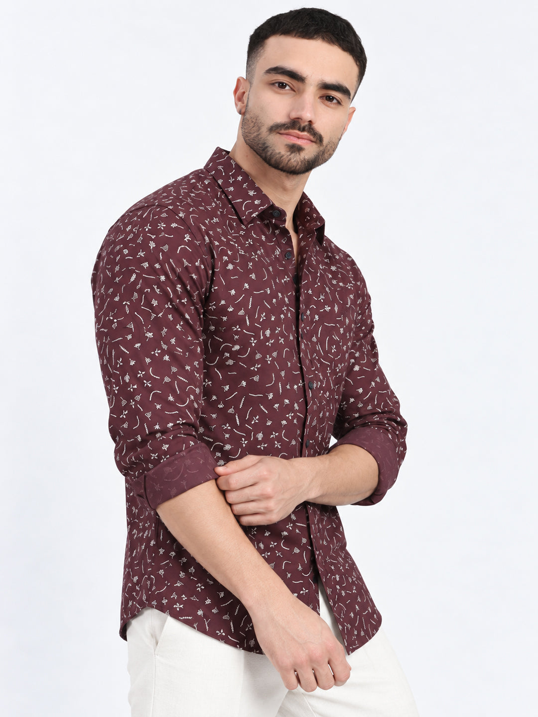 Men’s Micro Print Brown Slim Fit Long Sleeves Casual Shirt