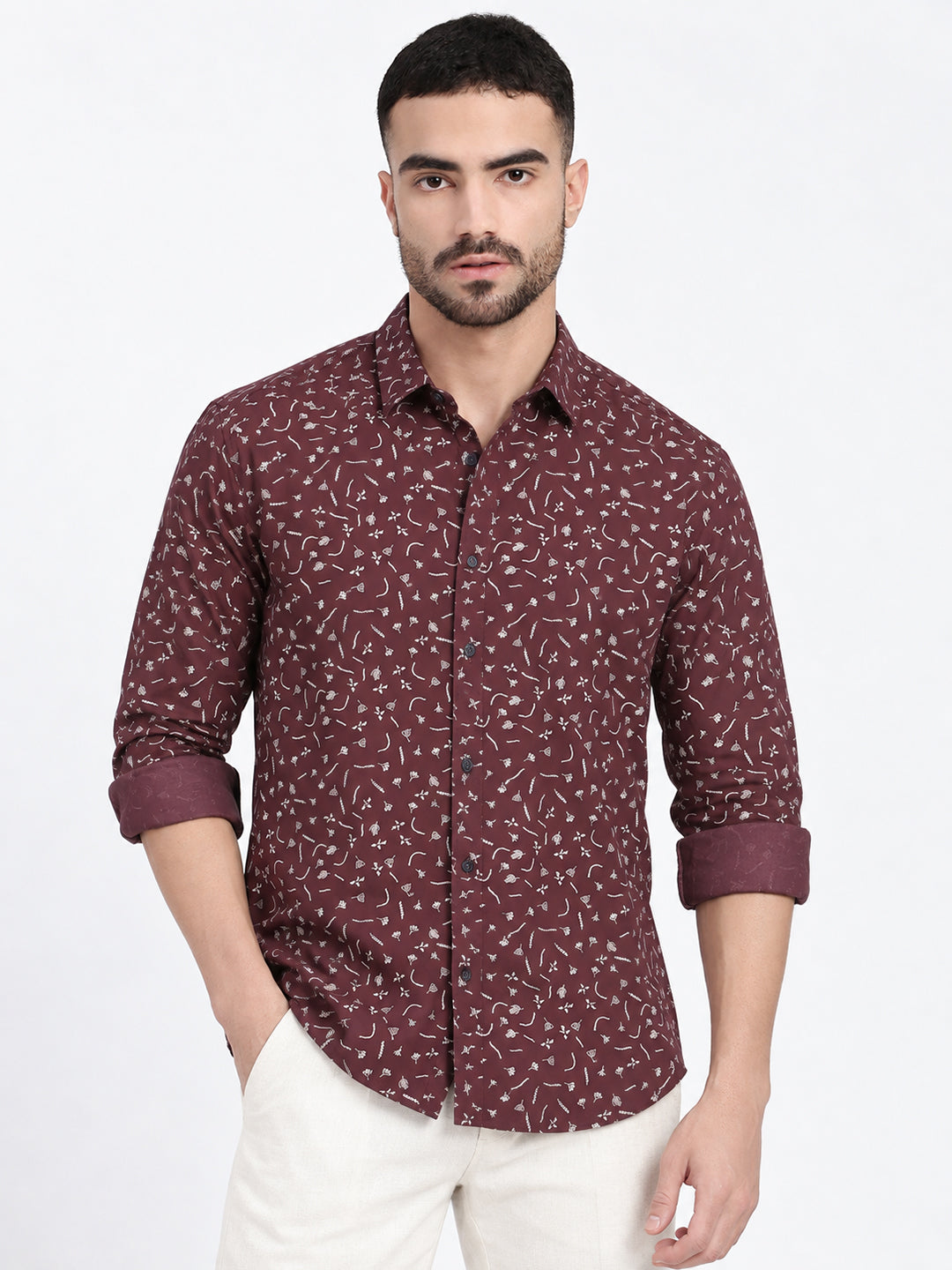 Men’s Micro Print Brown Slim Fit Long Sleeves Casual Shirt