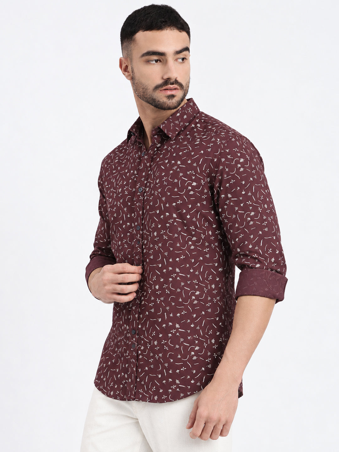 Men’s Micro Print Brown Slim Fit Long Sleeves Casual Shirt