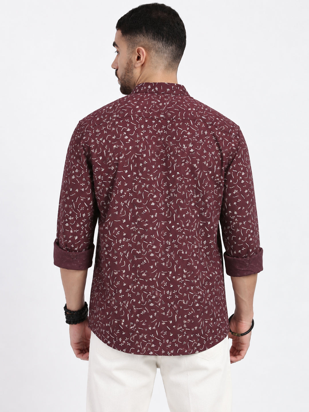 Men’s Micro Print Brown Slim Fit Long Sleeves Casual Shirt