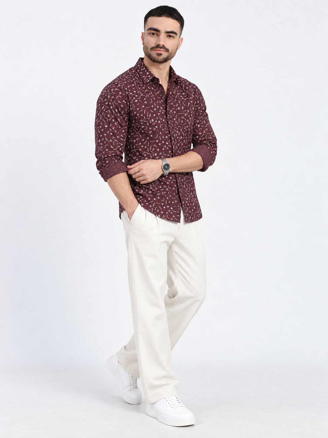 Men’s Micro Print Brown Slim Fit Long Sleeves Casual Shirt