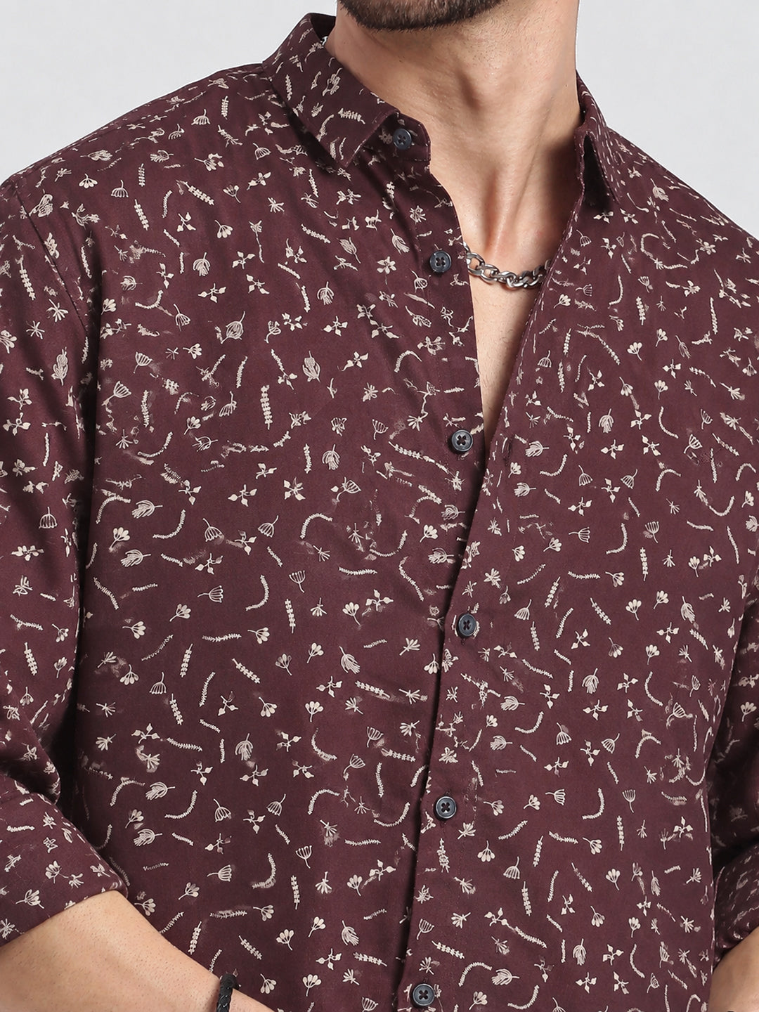 Men’s Micro Print Brown Slim Fit Long Sleeves Casual Shirt
