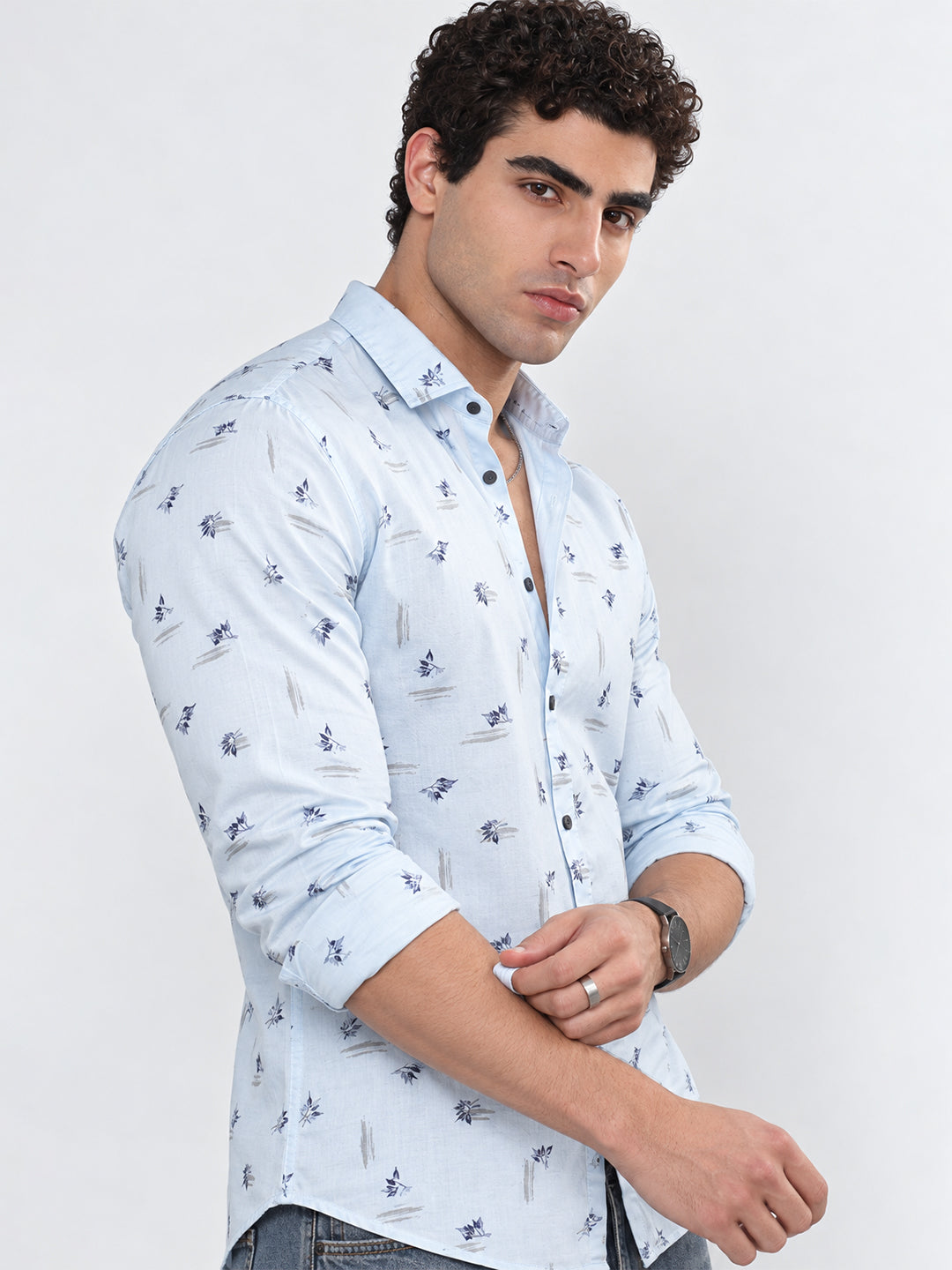 Men’s Floral Printed Blue Slim Fit Long Sleeves Casual Shirt