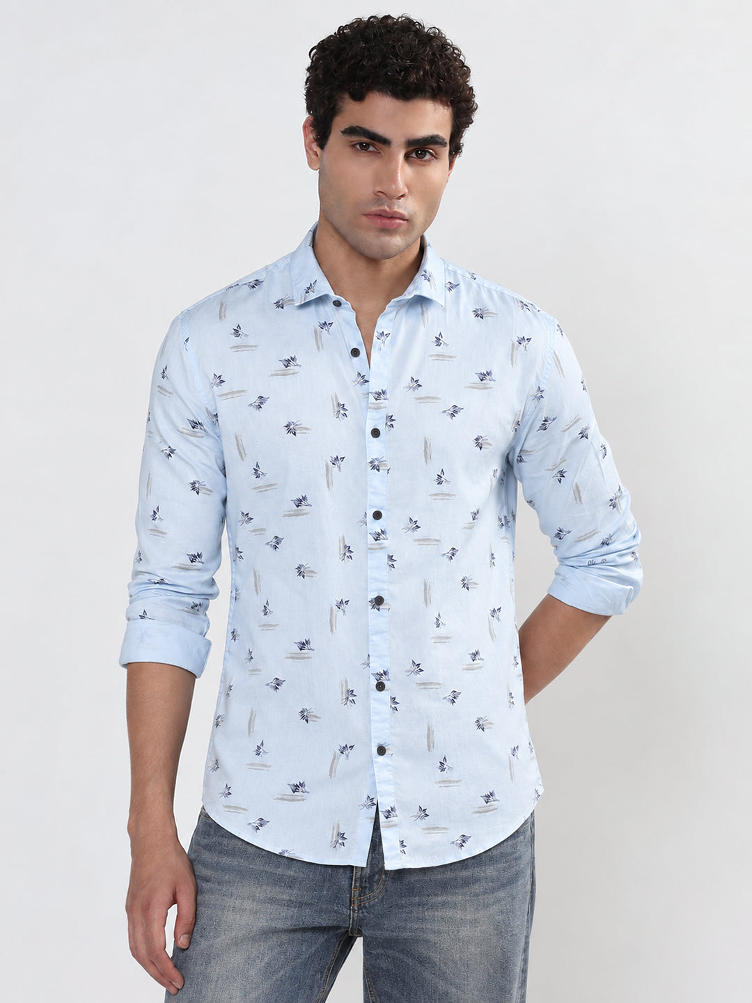 Men’s Floral Printed Blue Slim Fit Long Sleeves Casual Shirt