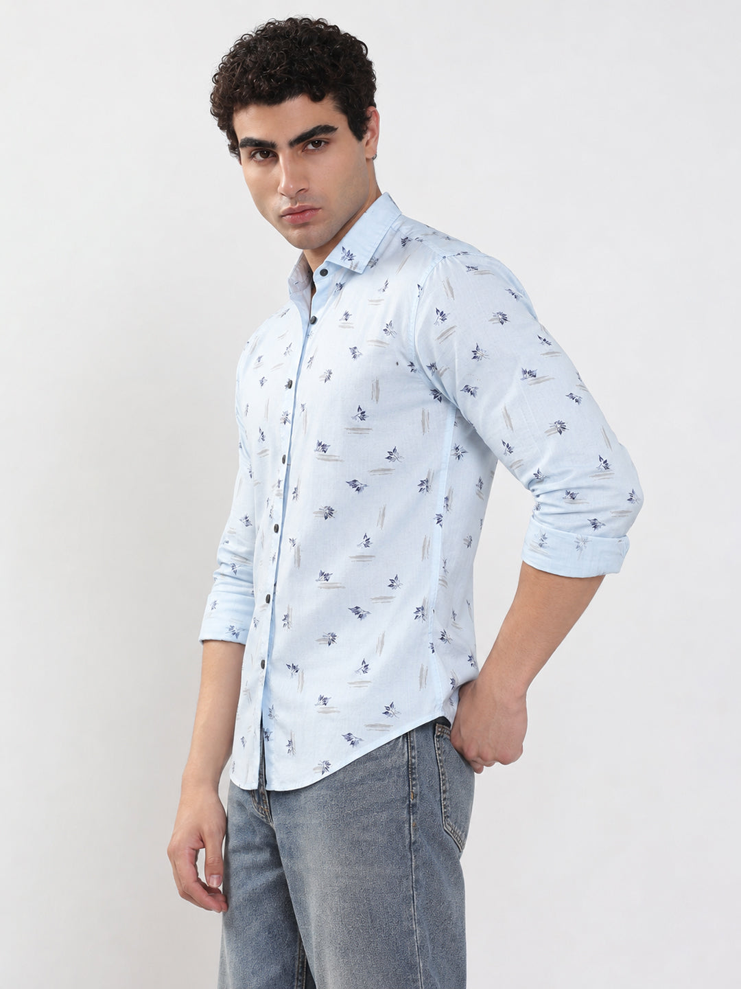 Men’s Floral Printed Blue Slim Fit Long Sleeves Casual Shirt