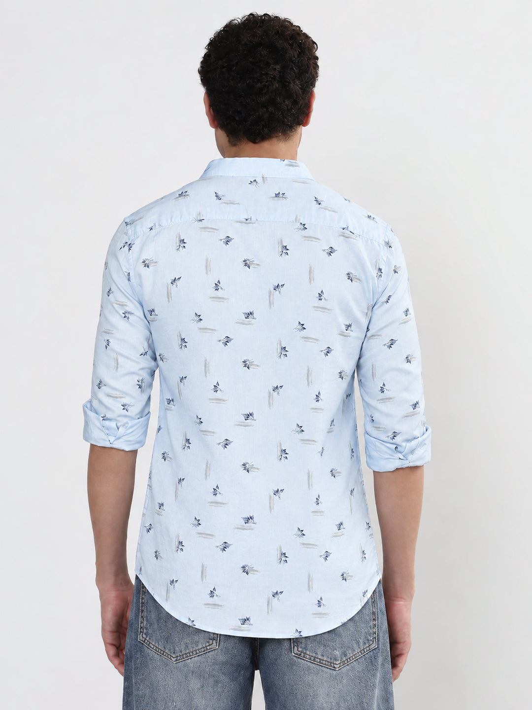 Men’s Floral Printed Blue Slim Fit Long Sleeves Casual Shirt