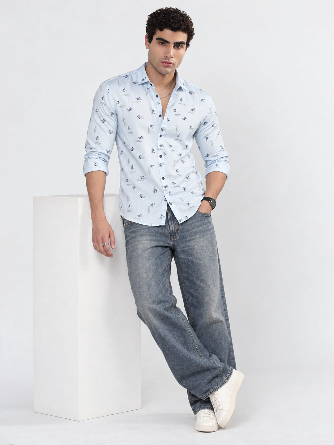Men’s Floral Printed Blue Slim Fit Long Sleeves Casual Shirt