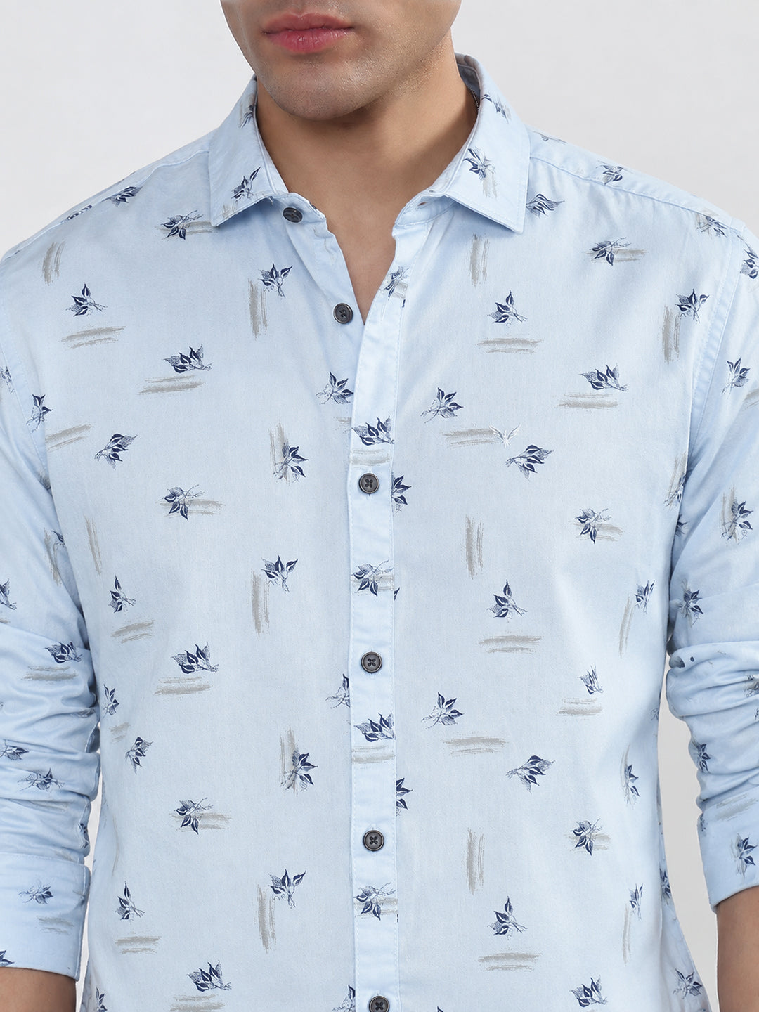 Men’s Floral Printed Blue Slim Fit Long Sleeves Casual Shirt