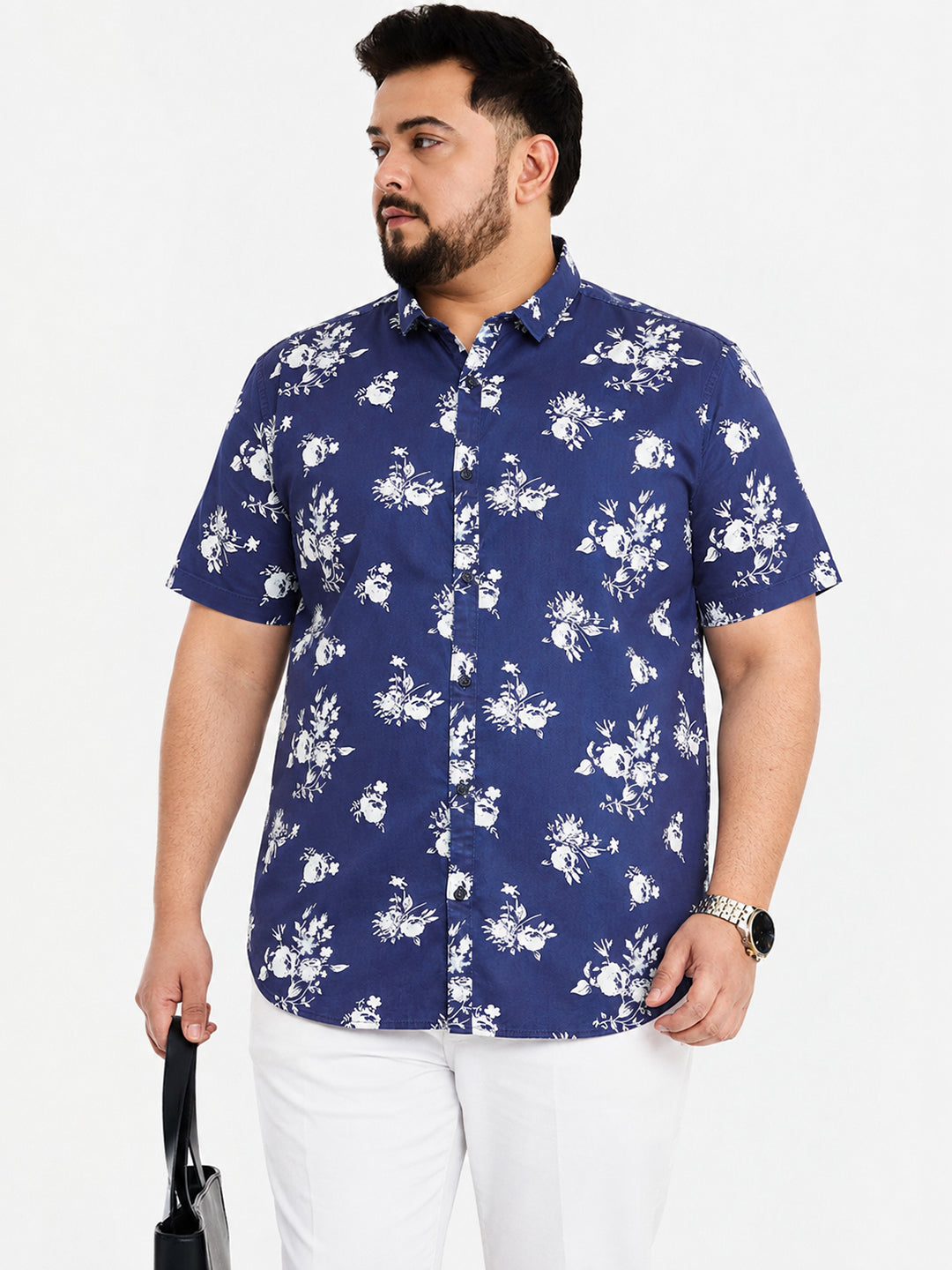 Men’s Floral Printed Navy Blue Short Sleeves Shirt with Spread Collar