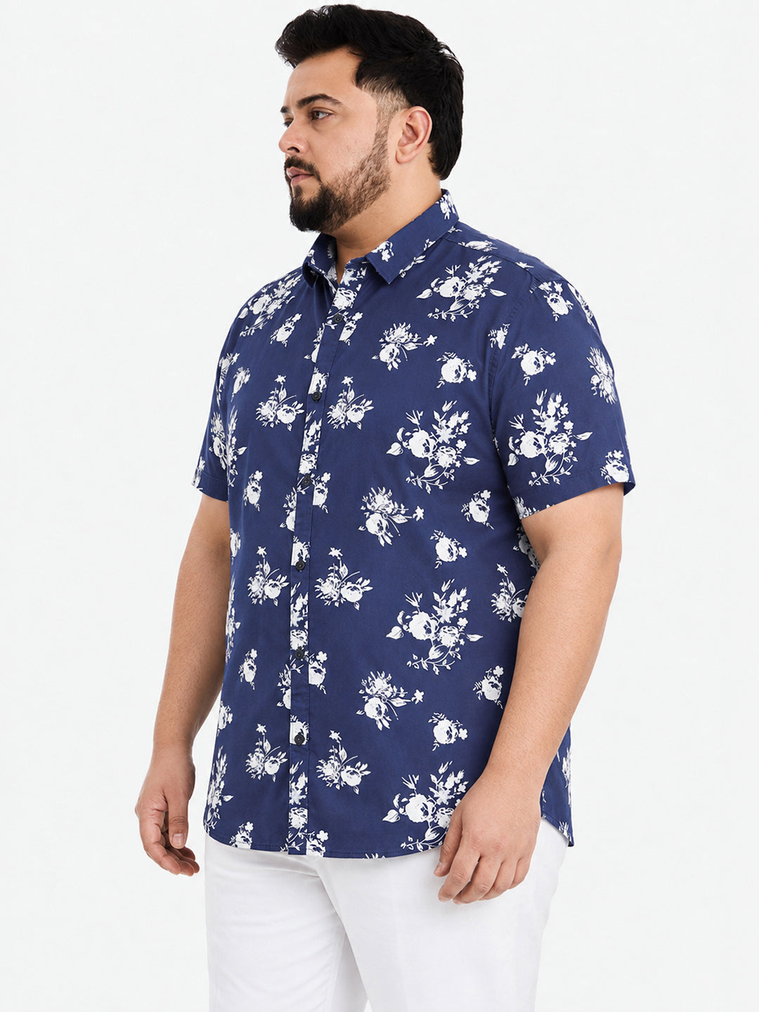 Men’s Floral Printed Navy Blue Short Sleeves Shirt with Spread Collar