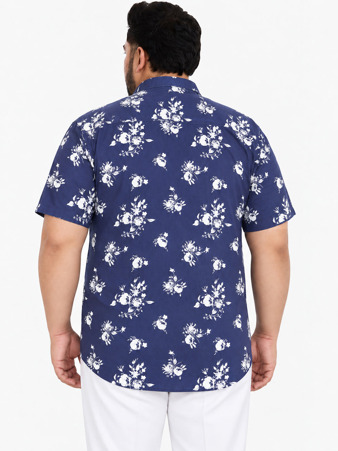 Men’s Floral Printed Navy Blue Short Sleeves Shirt with Spread Collar