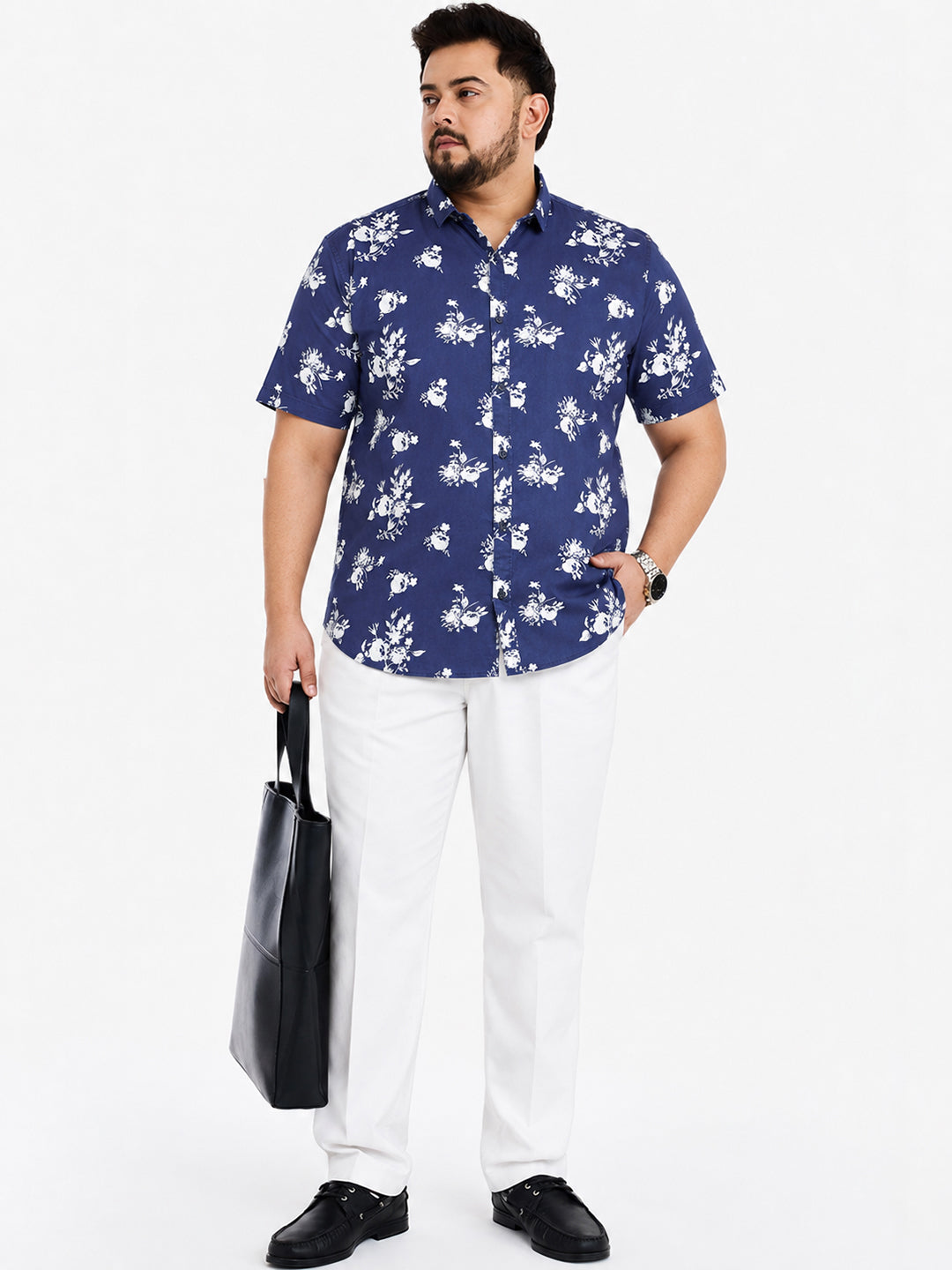 Men’s Floral Printed Navy Blue Short Sleeves Shirt with Spread Collar