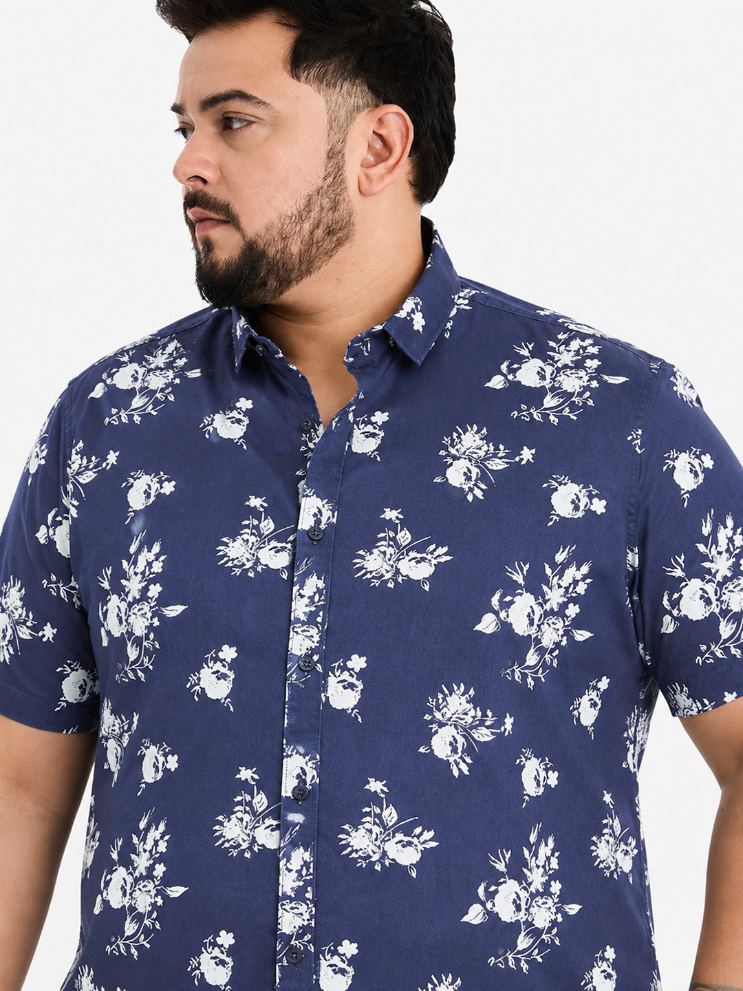 Men’s Floral Printed Navy Blue Short Sleeves Shirt with Spread Collar
