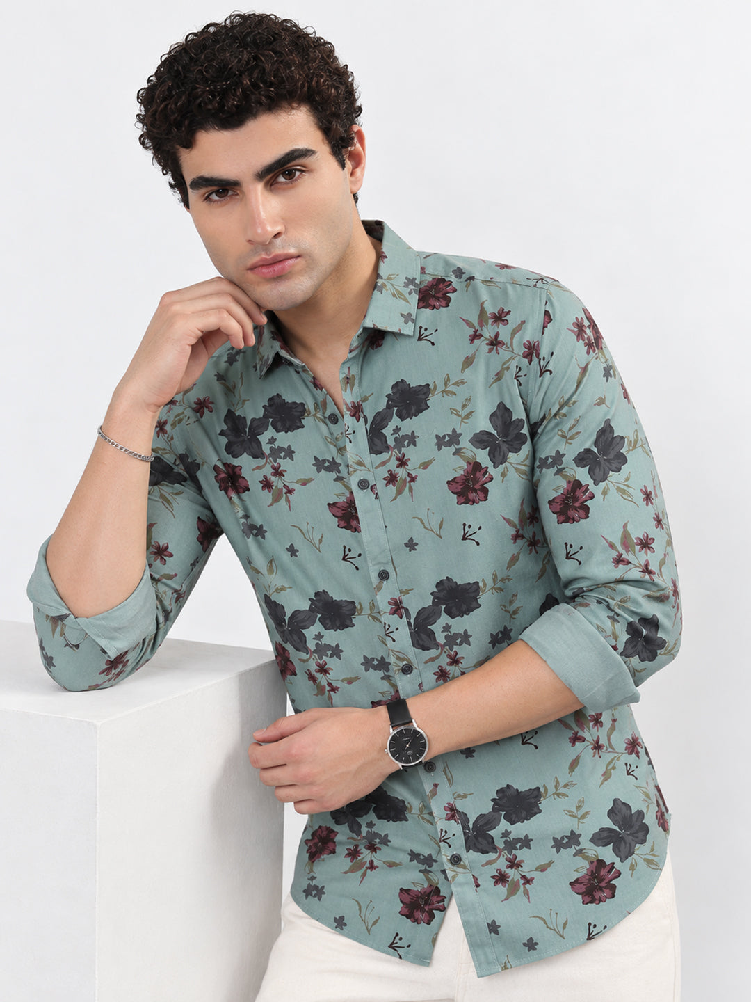 Men’s Floral Printed Blue Slim Fit Long Sleeves Casual Shirt