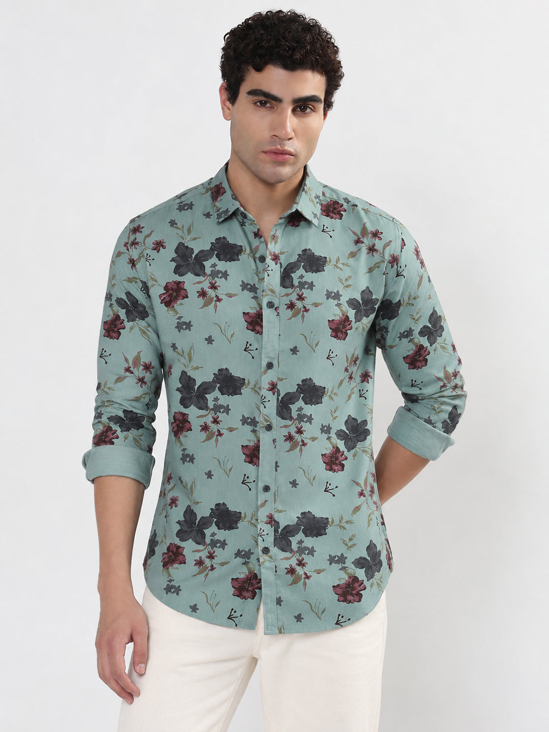 Men’s Floral Printed Blue Slim Fit Long Sleeves Casual Shirt