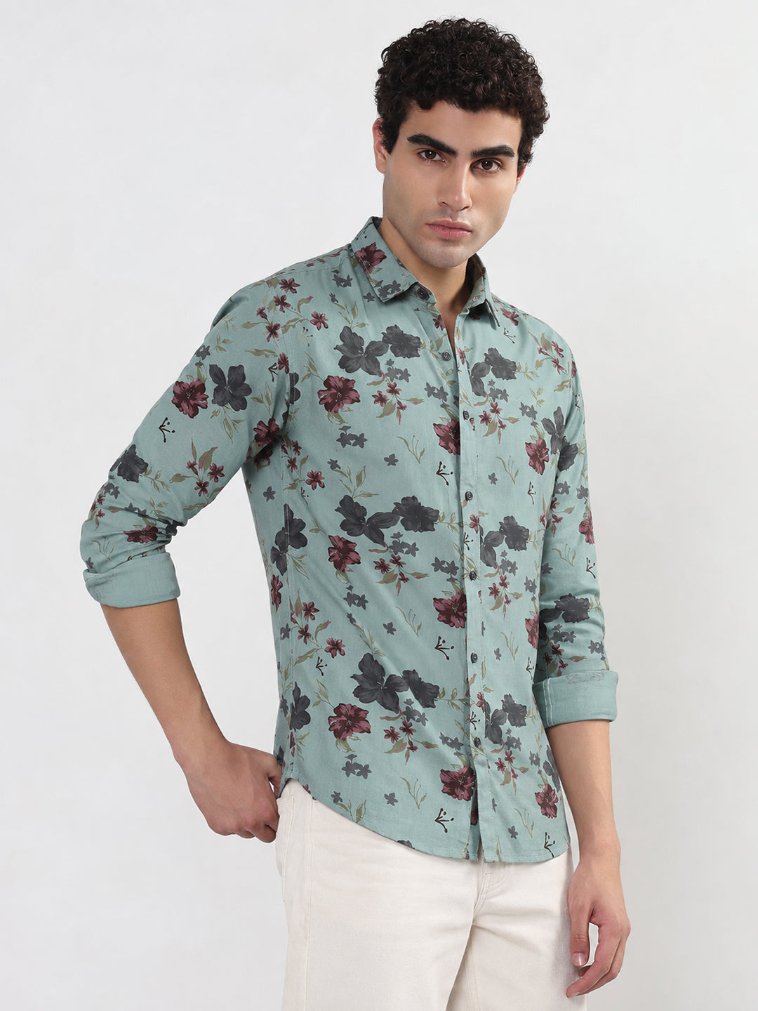 Men’s Floral Printed Blue Slim Fit Long Sleeves Casual Shirt