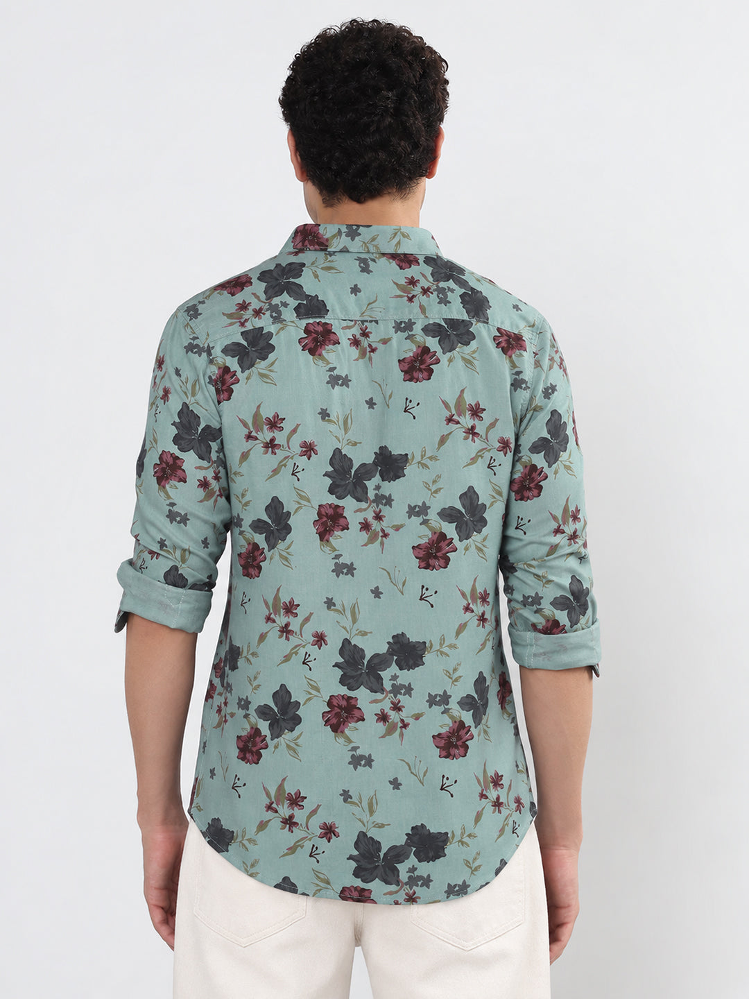 Men’s Floral Printed Blue Slim Fit Long Sleeves Casual Shirt