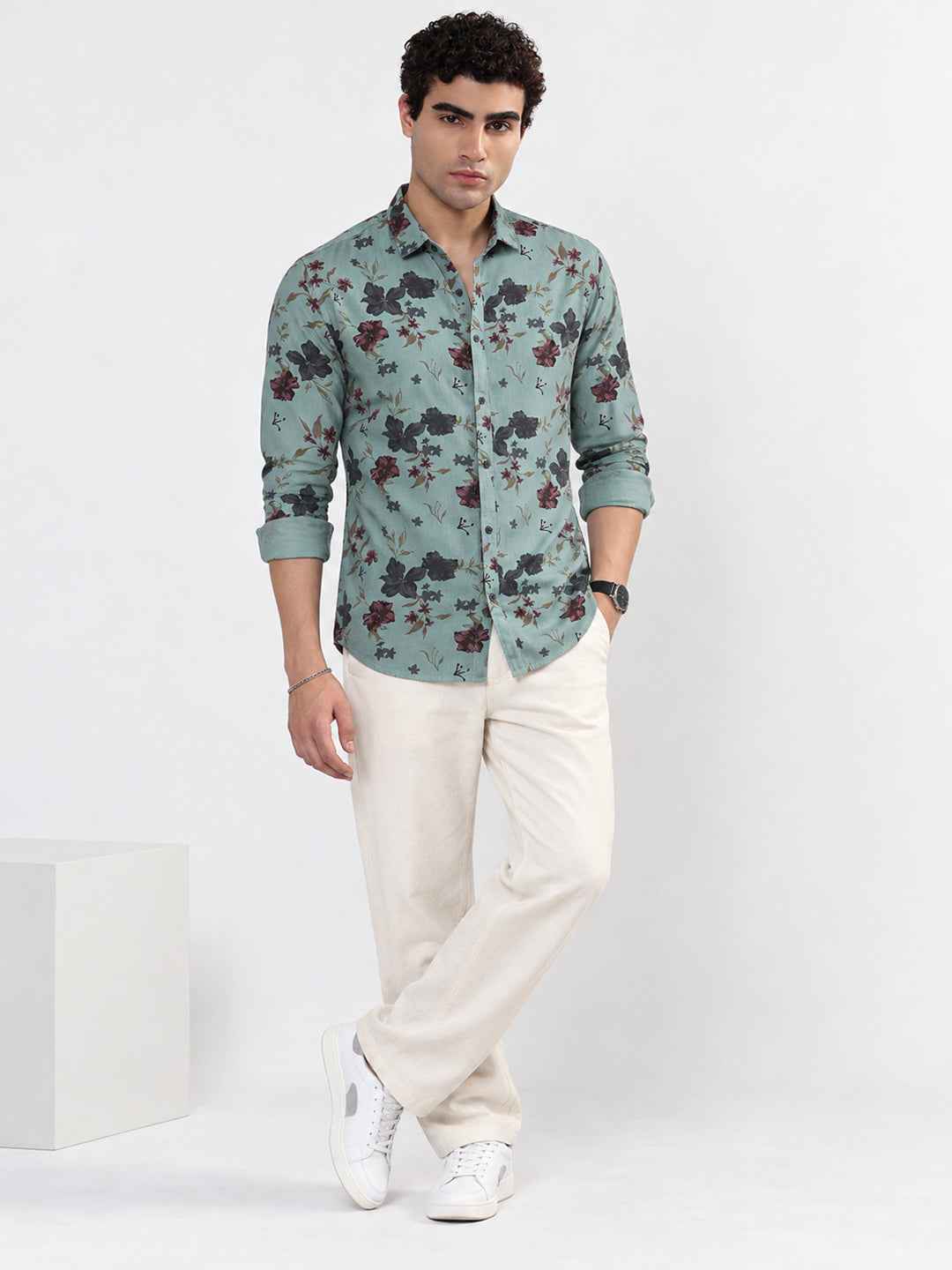 Men’s Floral Printed Blue Slim Fit Long Sleeves Casual Shirt
