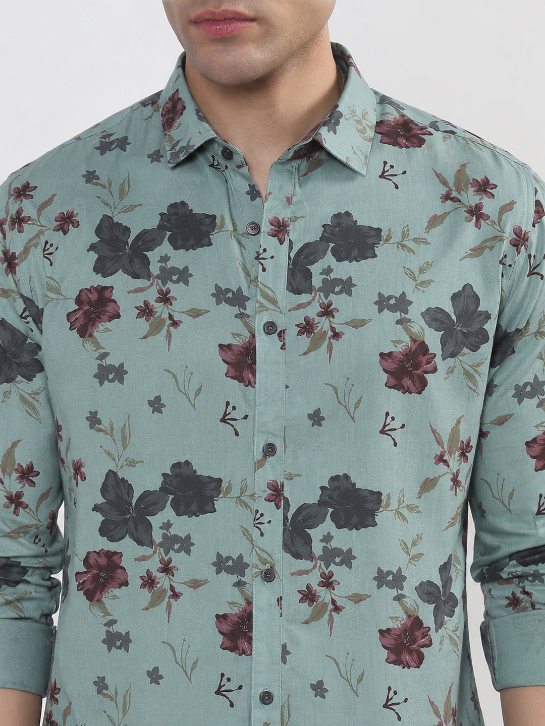 Men’s Floral Printed Blue Slim Fit Long Sleeves Casual Shirt