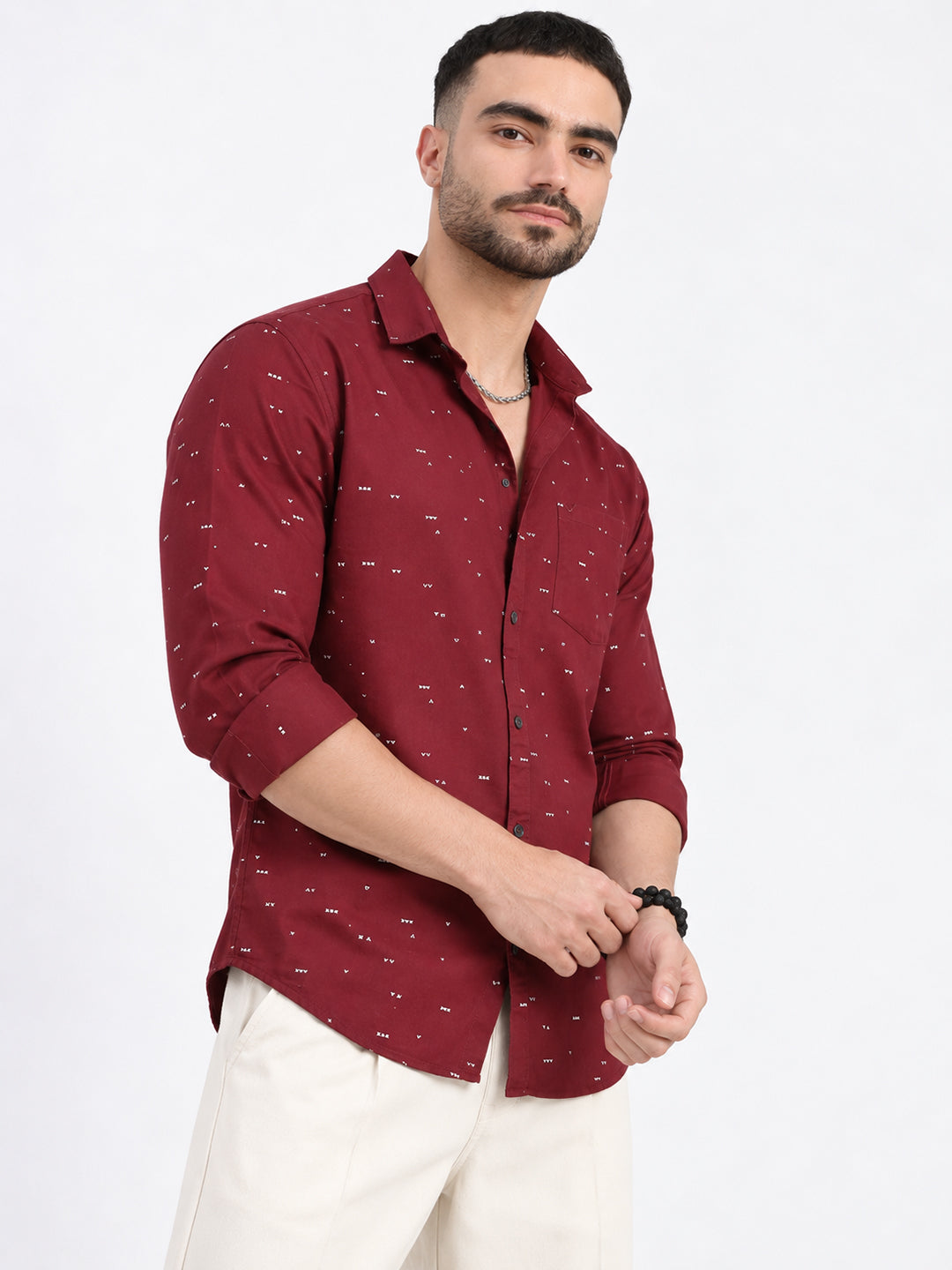Men’s Geometric Printed Maroon Slim Fit Long Sleeves Casual Shirt