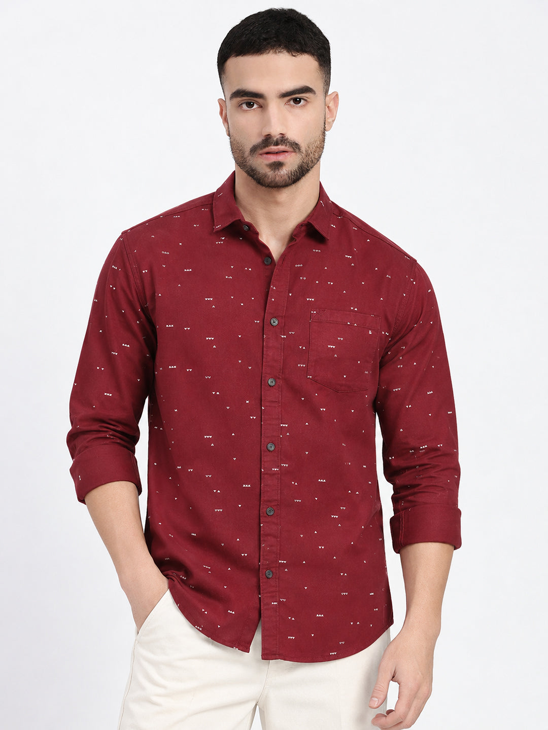 Men’s Geometric Printed Maroon Slim Fit Long Sleeves Casual Shirt
