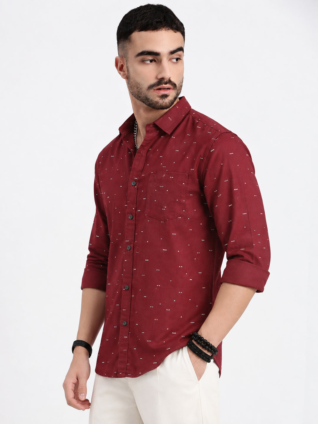 Men’s Geometric Printed Maroon Slim Fit Long Sleeves Casual Shirt