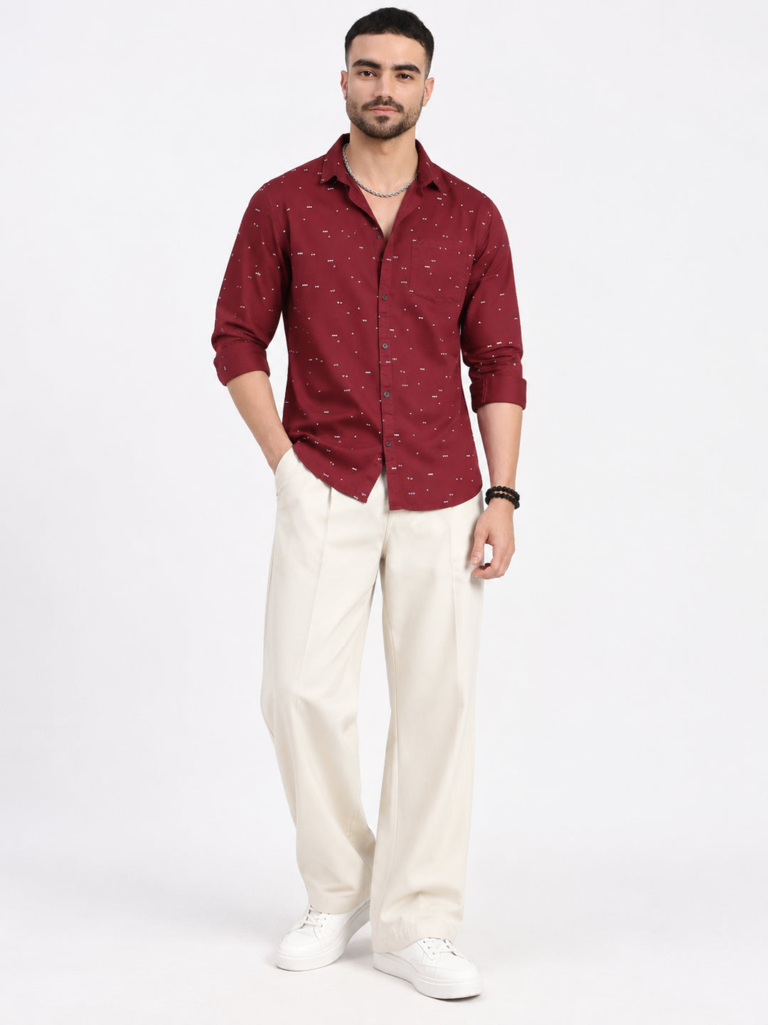 Men’s Geometric Printed Maroon Slim Fit Long Sleeves Casual Shirt