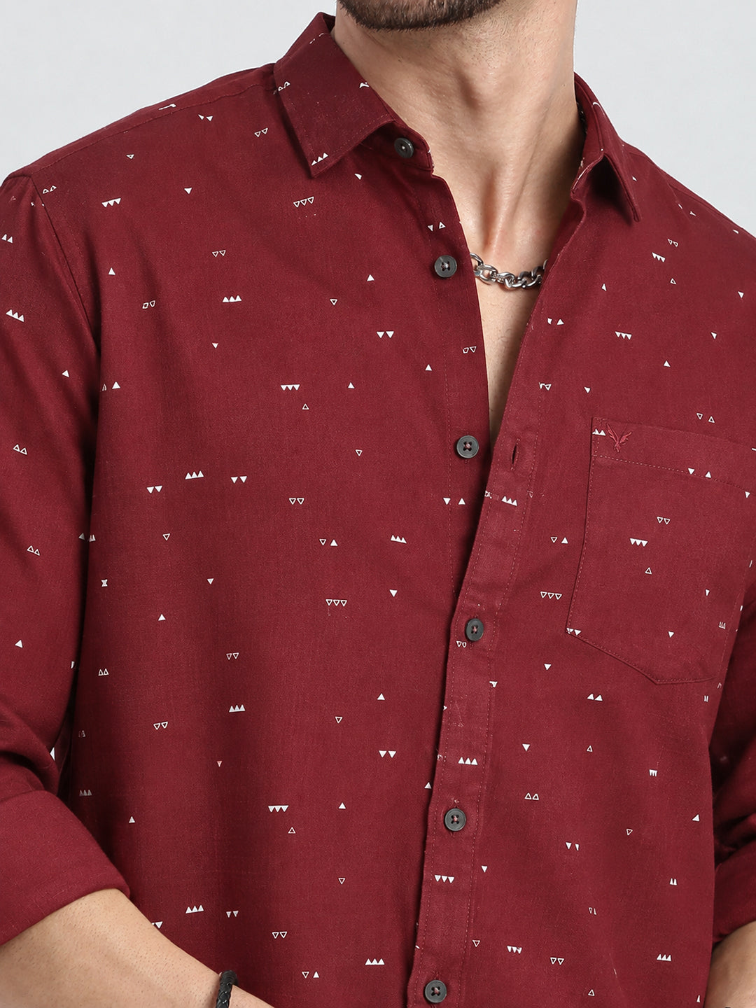 Men’s Geometric Printed Maroon Slim Fit Long Sleeves Casual Shirt