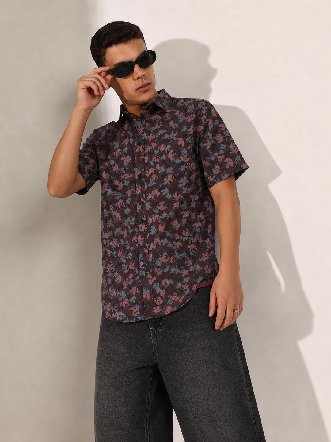 Men's Maroon Tropical Printed Casual Shirt with Spread Collar