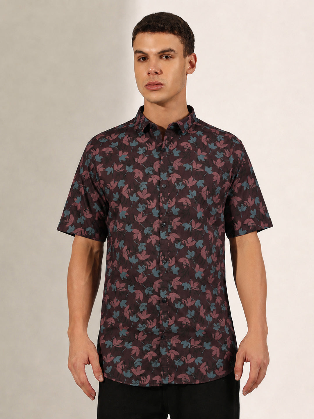 Men's Maroon Tropical Printed Casual Shirt with Spread Collar