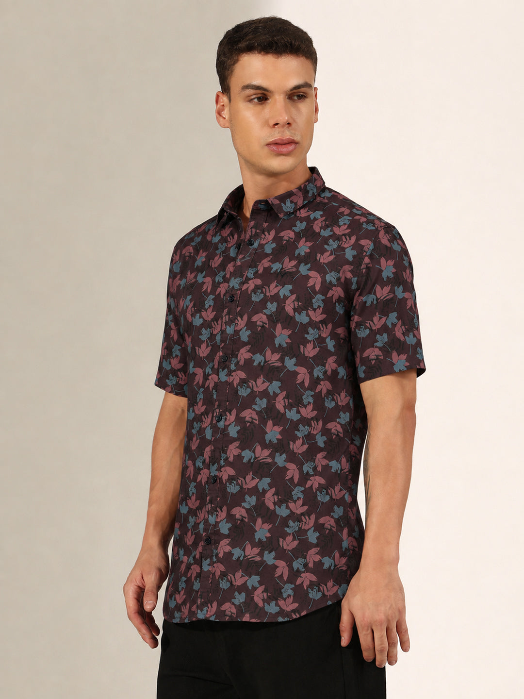 Men's Maroon Tropical Printed Casual Shirt with Spread Collar