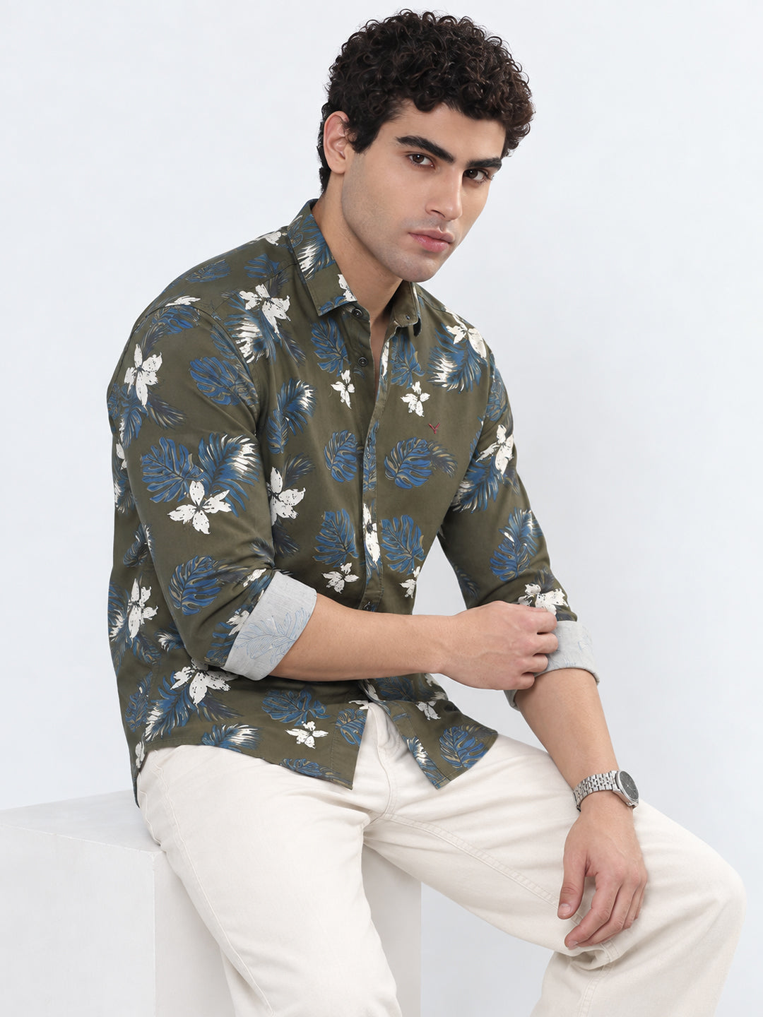 Men’s Floral Print Olive Slim Fit Long Sleeves Casual Shirt